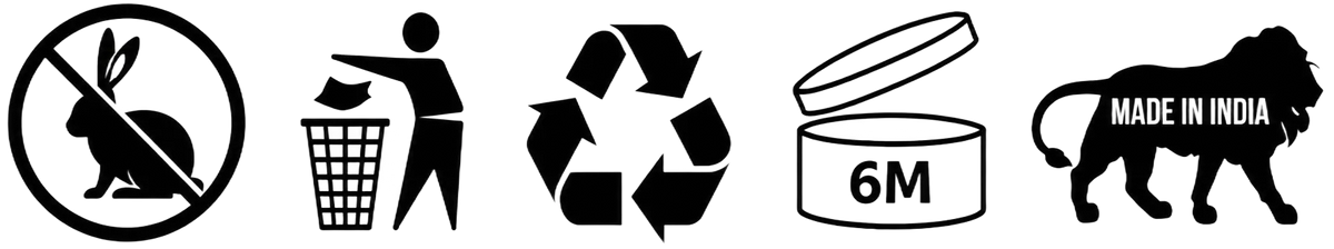 A row of black product information icons on a white background, including a rabbit with a slash through it, a recycling symbol, a 6M can label, and a lion with 'MADE IN INDIA' text.
