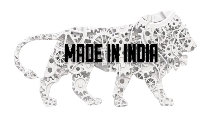 A white mechanical lion silhouette made of gears and cogs, with the text 'MADE IN INDIA' in bold black letters across the center, on a plain white background.