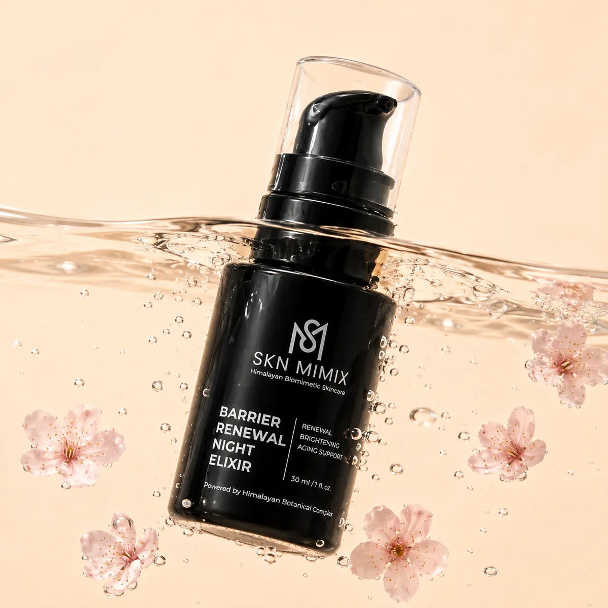 A black bottle of SKIN MIMIX Barrier Renewal Night Elixir with a clear cap, floating in water with pink cherry blossoms against a warm beige background.